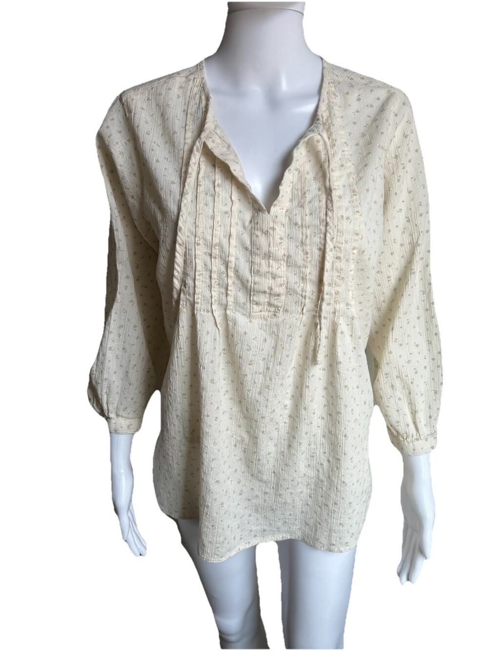 L.L.Bean Tunic Blouse Womens M Cream Tie Neck Popover Dobby 3/4 Sleeve
